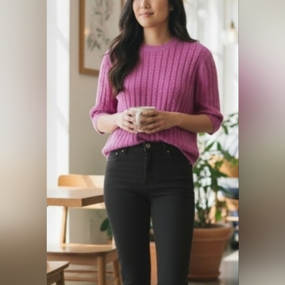 Ann Taylor Vibrant Purple Textured Crew Neck Sweater - Picture 3 of 5